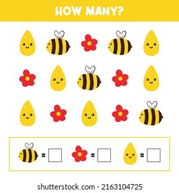 Juego educativo para niños, niños. Cuántas flores y abejas. Aprendizaje matemático basado en juegos, juego de recuento. Ilustración vectorial imprimible, página.
