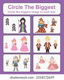 Educational game for kids. Circle the biggest object in each box. Cute cartoon character fairytale mediaeval kingdom prince, princess, king, and queen. Printable activity page for kids. Vector file. 