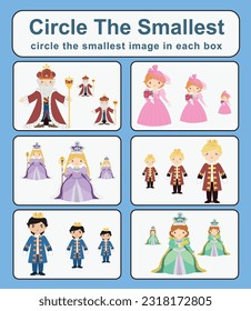 Educational game for kids. Circle the smallest object in each box. Cute cartoon character fairytale mediaeval kingdom prince, princess, king, and queen. Printable activity page for kids. Vector fi