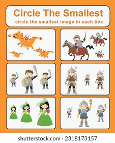 Educational game for kids. Circle the smallest object in each box. Cute cartoon character fairytale mediaeval kingdom dragon, guard, knight, and witch. Printable activity page for kids. Vector file. 
