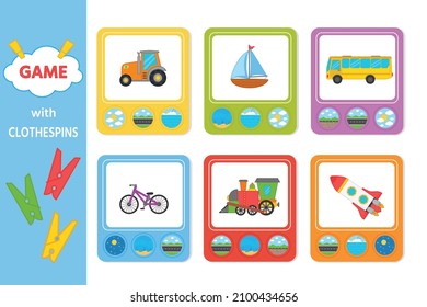 Educational game for kids with clothespins. Match the transport going, floating, flying. Vector illustration. Activity for pre sсhool years kids and toddlers