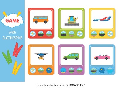 Educational game for kids with clothespins. Match the transport going, floating, flying. Vector illustration. Activity for pre sсhool years kids and toddlers