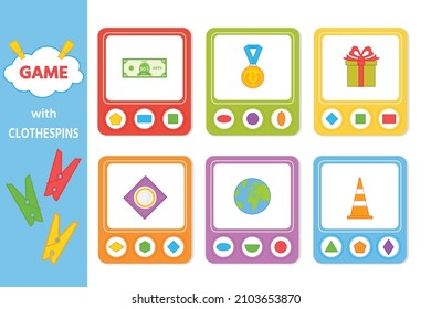 Educational game for kids with clothespins. Match of geometric shapes. Vector illustration. Activity for presсhool years kids and toddlers. Printable worksheet