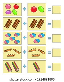 Educational game for kids. Colorful food. Solve math examples for addition. Fold sweets.