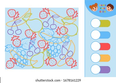 Educational game for kids. Colorful fruit puzzle. Learning to count children. Printable worksheet. Vector Illustration