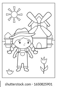 Educational Game For Kids. Coloring Page Of Book. Girl Farmer With Windmill. Cute Cartoon Character.