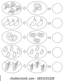 Educational game for kids. Coloring page. Solve math examples for addition. Fold food.