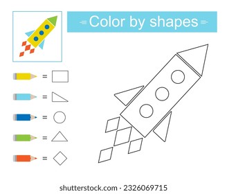 Educational game for kids. Coloring pages. Color by shapes. Vector illustration of cartoon rocket. 