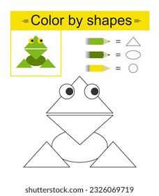 Educational game for kids. Coloring pages. Color by shapes. Vector illustration of cartoon frog. 
