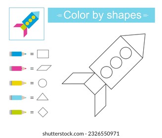 Educational game for kids. Coloring pages. Color by shapes. Vector illustration of cartoon rocket. 
