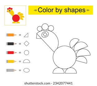 Educational game for kids. Coloring pages. Color by shapes. Vector illustration of cartoon rooster. 