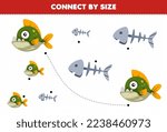 Educational game for kids connect by the size of cute cartoon piranha and fish bone printable underwater worksheet