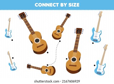 Educational game for kids connect by the size of cartoon music instrument guitar and bass printable worksheet