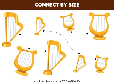 Educational Game For Kids Connect By The Size Of Cartoon Music Instrument Harp And Lyre Printable Worksheet