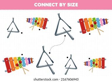 Educational game for kids connect by the size of cartoon music instrument triangle and xylophone printable worksheet