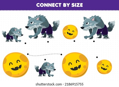 Educational game for kids connect by the size of cute cartoon moon and werewolf halloween printable worksheet