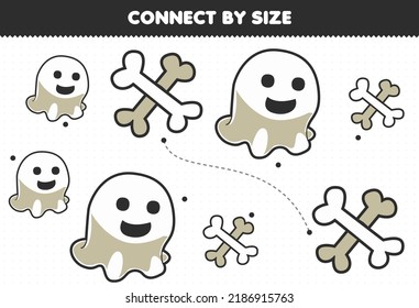 Educational game for kids connect by the size of cute cartoon ghost and bone halloween printable worksheet