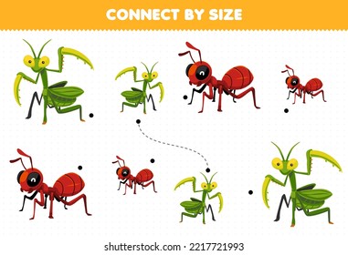 Educational game for kids connect by the size of cute cartoon mantis and ant printable bug worksheet