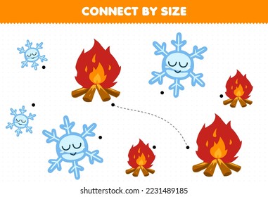 Educational game for kids connect by the size of cute cartoon snowflake and bonfire printable winter worksheet