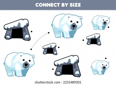 Educational game for kids connect by the size of cute cartoon polar bear and den printable winter worksheet