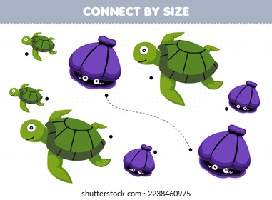 Educational game for kids connect by the size of cute cartoon turtle and shell printable underwater worksheet