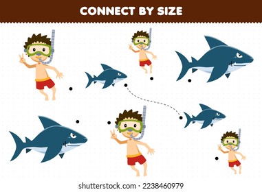 Educational game for kids connect by the size of cute cartoon diver and shark printable underwater worksheet