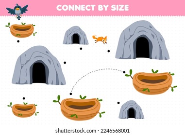 Educational game for kids connect by the size of cute cartoon bird nest and cave printable nature worksheet