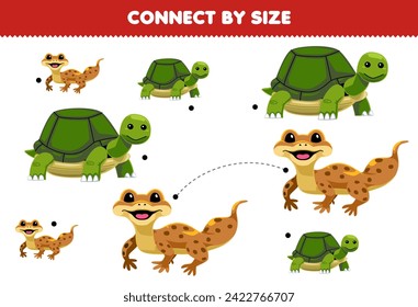 Educational game for kids connect by the size of cute gecko and turtle printable pet worksheet