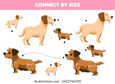 Educational game for kids connect by the size of cute dogs printable pet worksheet