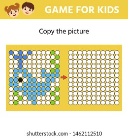 Educational game for kids. Copy the picture. Learning symmetry for preschool children and kids. Cartoon whale. Printable worksheet. Vector Illustration