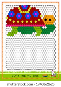 Educational game for kids. Copy picture. Printable worksheet for children school textbook. Draw turtle by example. Developing coloring and counting skills. Baby coloring book. Online playing.