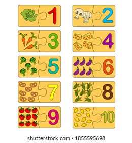 Educational game for kids. Correct version of assembled puzzles. Collection puzzle with numbers and vegetables. Puzzle Game, Mosaic. Type numbers.
