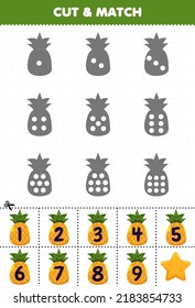 Educational game for kids count the dots on each silhouette and match them with the correct numbered pineapple fruits printable worksheet