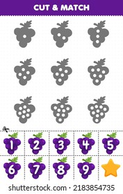 Juego educativo para los niños cuenta los puntos de cada silueta y los compara con la hoja de cálculo imprimible de las uvas numeradas correctas