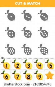 Educational game for kids count the dots on each silhouette and match them with the correct numbered lemon fruits printable worksheet