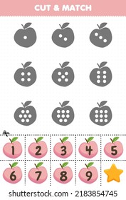 Juego educativo para los niños cuenta los puntos de cada silueta y los compara con la hoja de cálculo imprimible de los frutos de melocotón numerados
