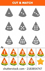 Educational game for kids count the dots on each silhouette and match them with the correct numbered watermelon slice fruits printable worksheet