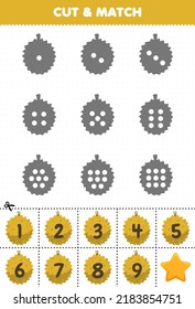 Educational game for kids count the dots on each silhouette and match them with the correct numbered durian fruits printable worksheet