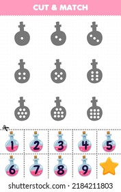 Educational game for kids count the dots on each silhouette and match them with the correct numbered pink potion bottle halloween printable worksheet
