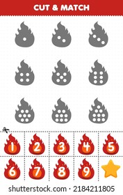Educational game for kids count the dots on each silhouette and match them with the correct numbered red fire halloween printable worksheet