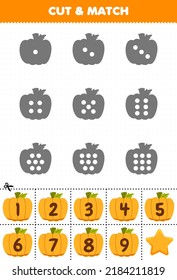 Educational game for kids count the dots on each silhouette and match them with the correct numbered orange pumpkin halloween printable worksheet