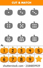 Educational game for kids count the dots on each silhouette and match them with the correct numbered orange pumpkin vegetables printable worksheet