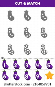 Erziehungsspiel für Kinder zählen die Punkte auf jeder Silhouette und passen sie mit dem korrekten nummerierten violetten Auberginengemüse-Druckblatt an