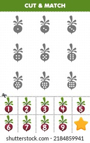 El juego educativo para los niños cuenta los puntos de cada silueta y los compara con la hoja de cálculo correcta imprimible de las verduras de remolacha numeradas