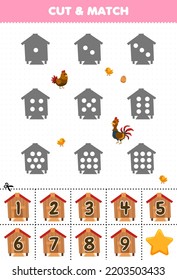 Educational game for kids count the dots on each silhouette and match them with the correct numbered coop printable farm worksheet