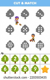 Educational game for kids count the dots on each silhouette and match them with the correct numbered tree printable farm worksheet