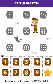 Educational game for kids count the dots on each silhouette and match them with the correct numbered barrel printable farm worksheet