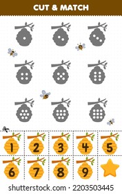 Educational game for kids count the dots on each silhouette and match them with the correct numbered beehive printable farm worksheet