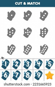 Educational game for kids count the dots on each silhouette and match them with the correct numbered mitten printable winter worksheet