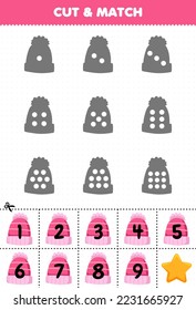 Educational game for kids count the dots on each silhouette and match them with the correct numbered beanie hat printable winter worksheet